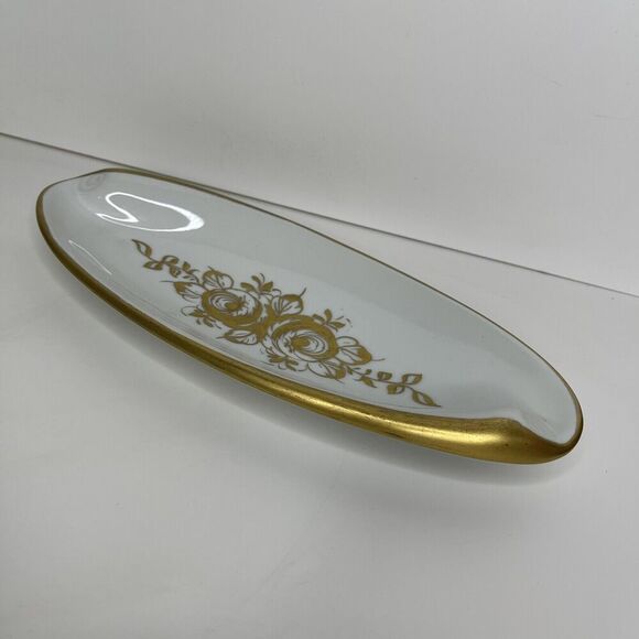 Porcelain De France Hand Painted Oval Celery Dish Trinket Gold Cream 9.5" x 4" - Picture 1 of 6